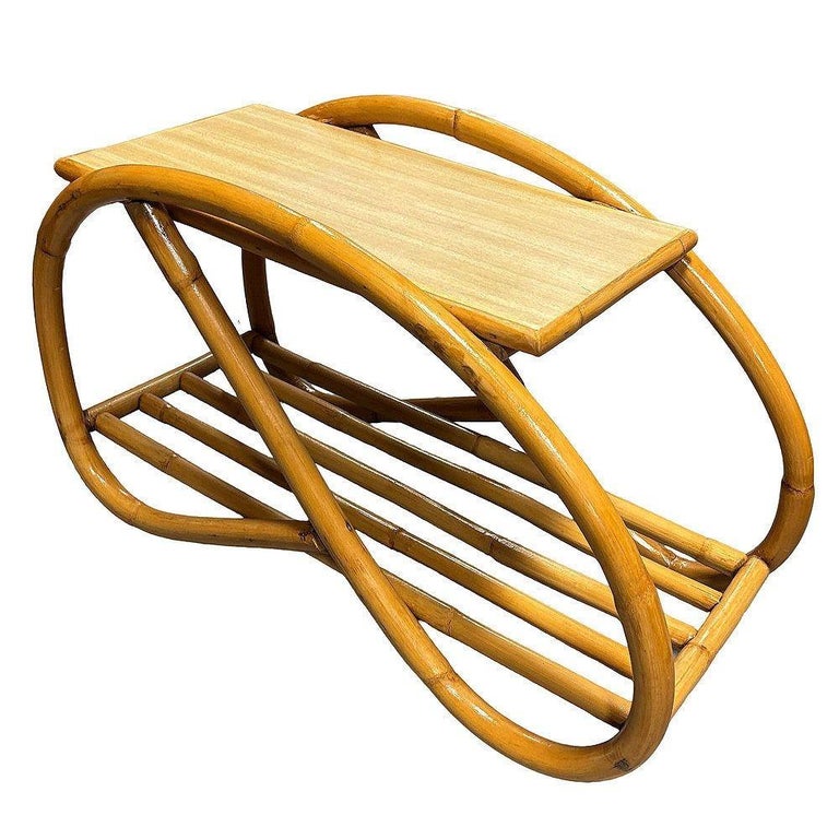 Restored Mid-century 3/4 Pretzel Rattan & Formica "Grasshopper" Side Table, Pair