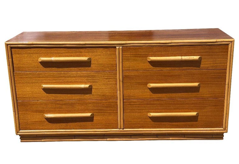 Restored Rattan and Mahogany Lowboy Dresser and Nightstand Set