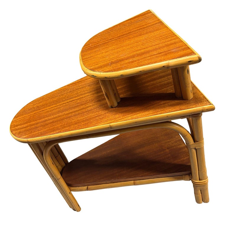 Restored MCM Rattan & Mahogany 3-Tiered Vertically Stacked Rattan Wedge Table