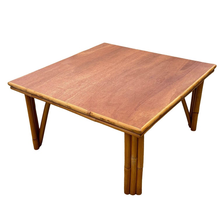 1950s Restored MCM Rattan Coffee Table with Mahogany Top and Rattan Border