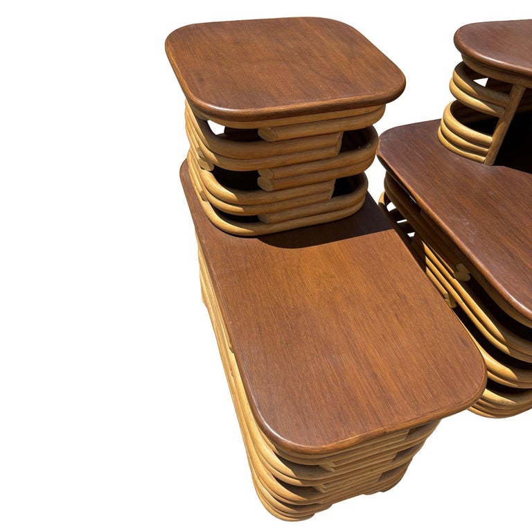 Mid-Century Two-Tier Stacked Rattan & Mahogany Coastal Side & Corner Table Set