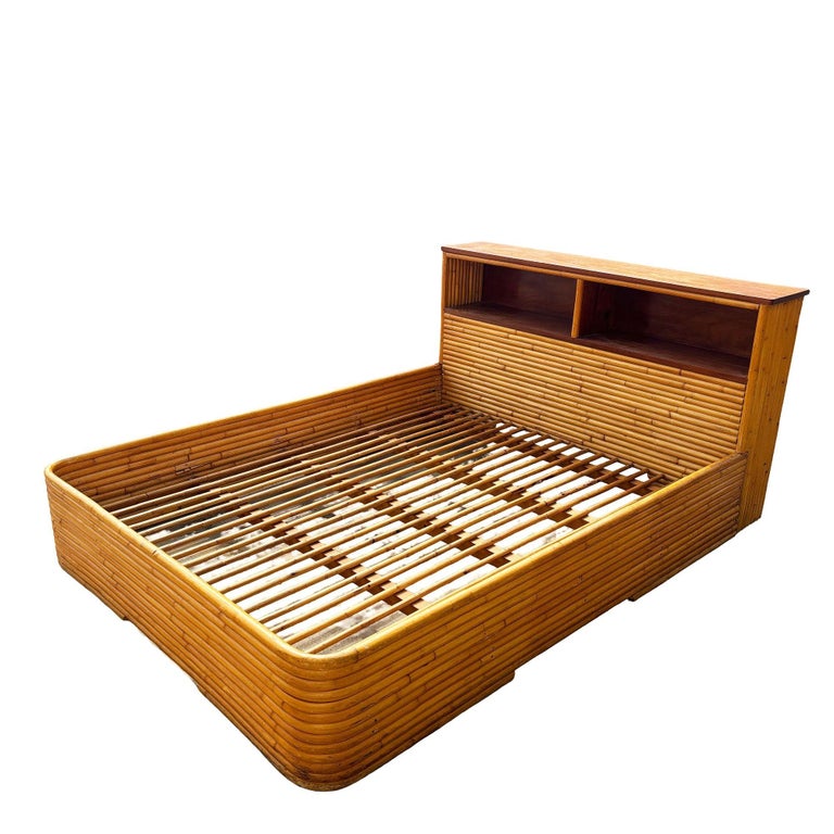 Restored Mid-century Queen Size 13-strand Stacked Rattan Bed Frame w/ Book Shelf