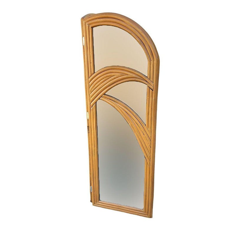 Restored Art Deco Palm Frond Design Rattan Mirror Folding Screen