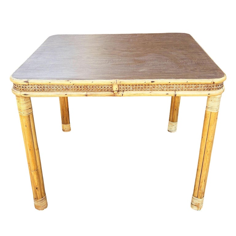 Restored 4-Strand Legs Rattan Dinette Dining Table w/ Formica Top & Wicker Sides