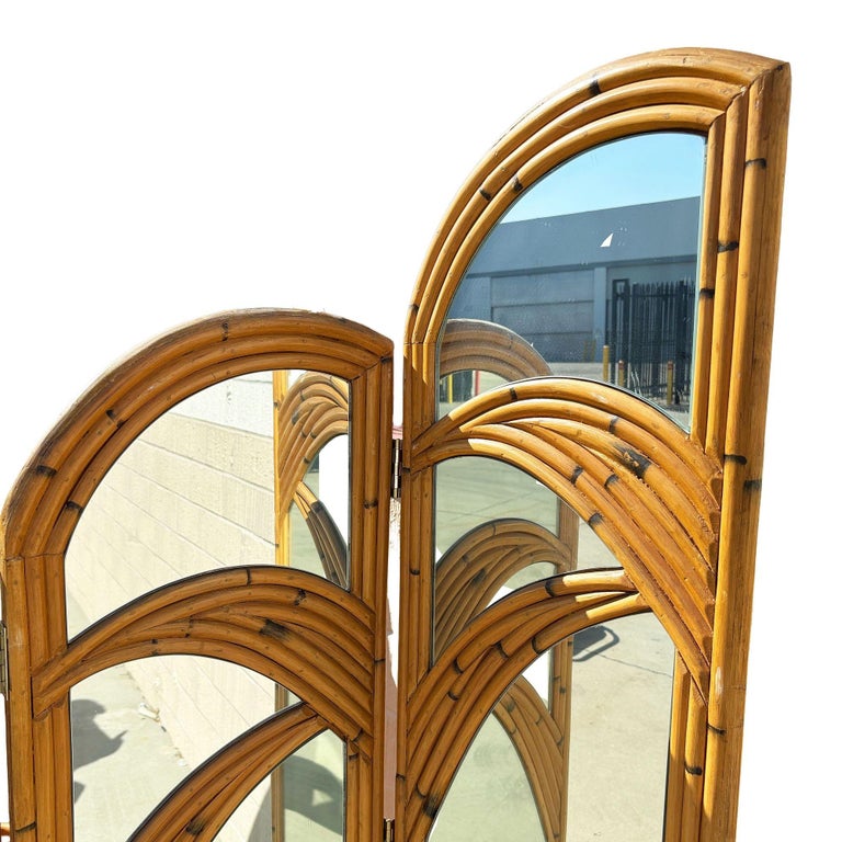 Restored 3-Panel Art Deco Palm Frond Design Rattan Mirror Folding Screen