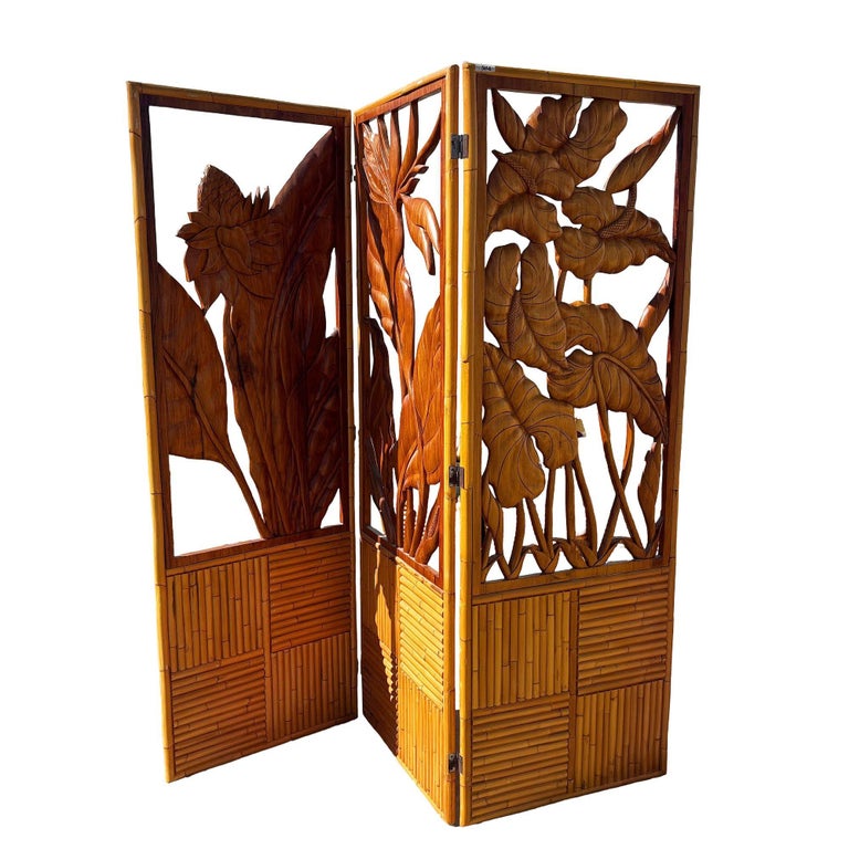 3 Panel Mid-Century Carved Koa Wood & Stacked Rattan Folding Screen