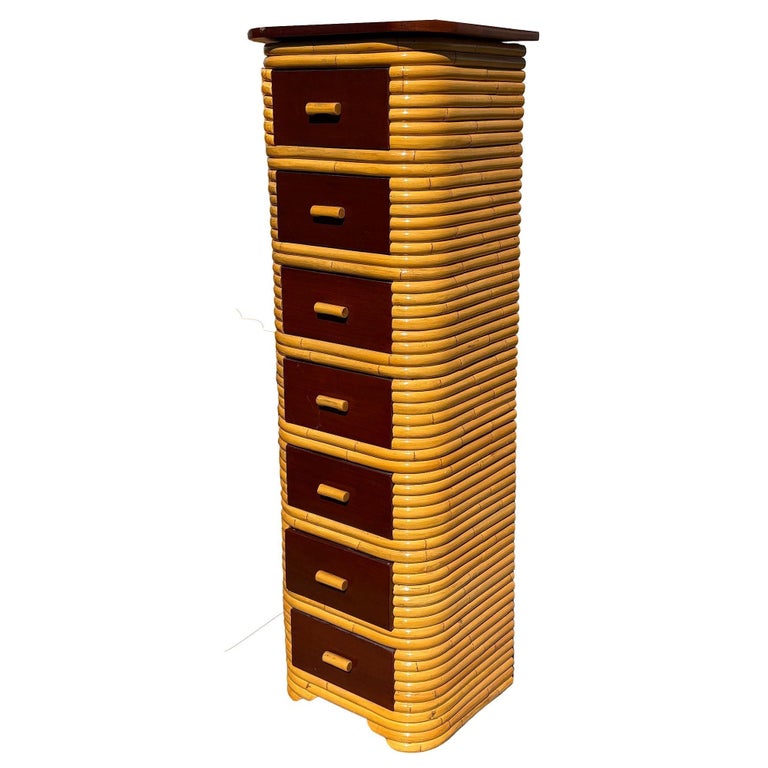 Restored Paul Frankl Style Stacked Rattan & Mahogany Petite Chest of 7 Drawers