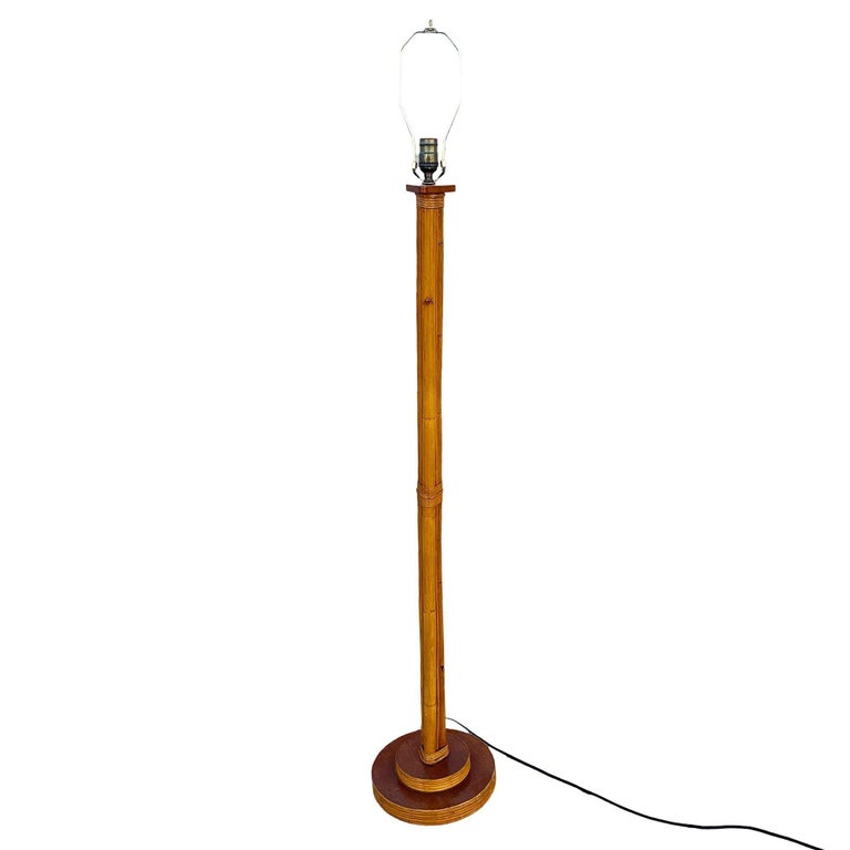 Restored Mid-century Three-Pole Rattan Floor Lamp w/ Mahogany Base