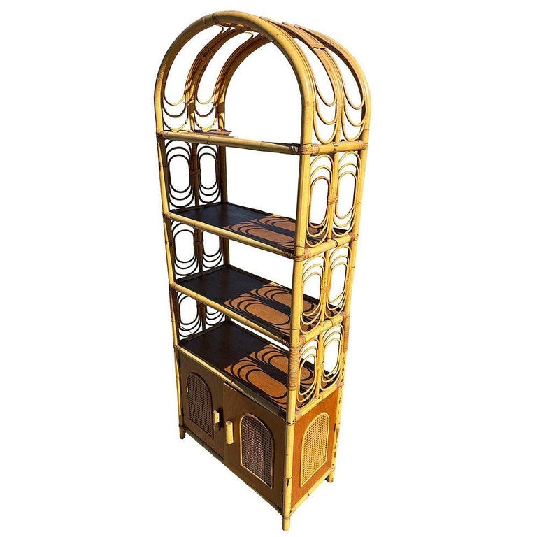 Mid-century Rattan Etagere Display Curio Cabinet w/ Mahogany Shelfs