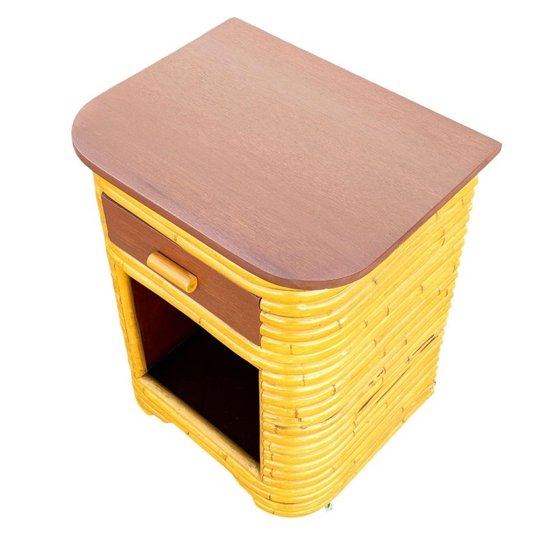 Restored Streamline Art Deco Stacked Rattan Bedside Table W/ Mahogany Top, Cubby
