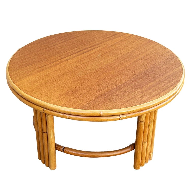 Restored Mid-century O-Base Round Costal Rattan End Table W/ Mahogany Top