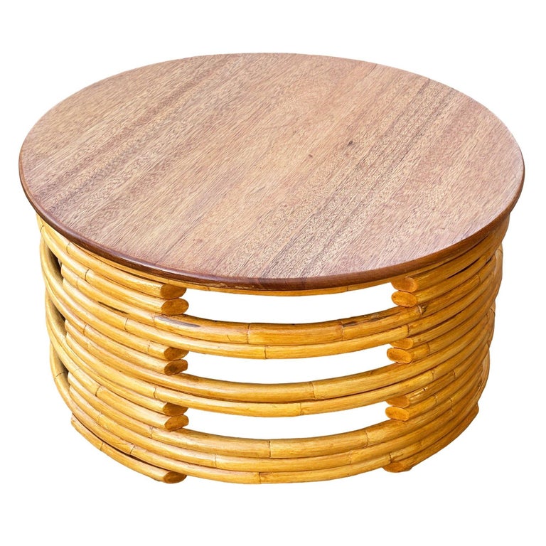 Restored Mid-century Round Architectural Rattan Coffee Table With Mahogany Top
