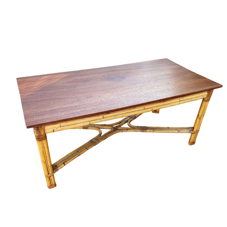 Restored Mid-century X-Pattern Coastal Rattan Dining Table w/ Mahogany Top