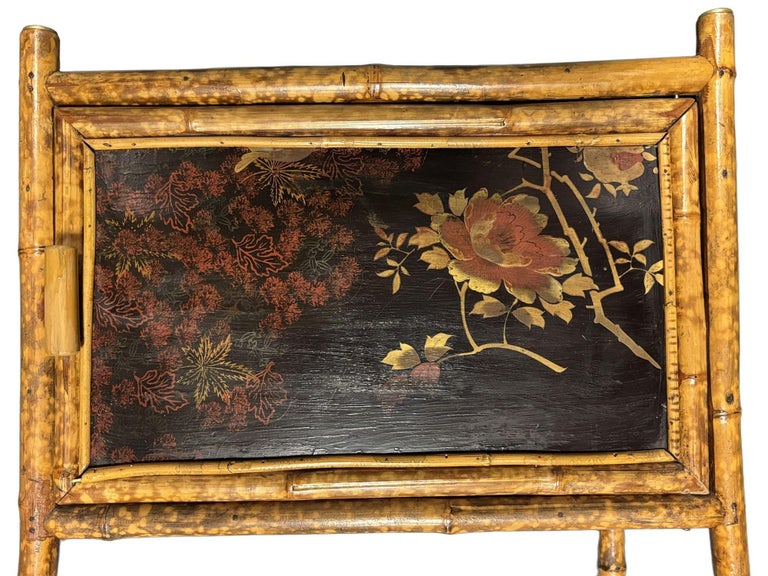Victorian Chinoiserie Tiger Bamboo Nightstand with Hand-Painted Lacquer Front