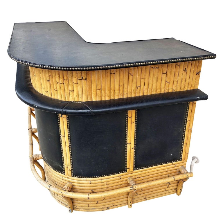 Restored Stacked Front Stacked L Shaped Rattan Bar w/ Nailhead Naugahyde Top