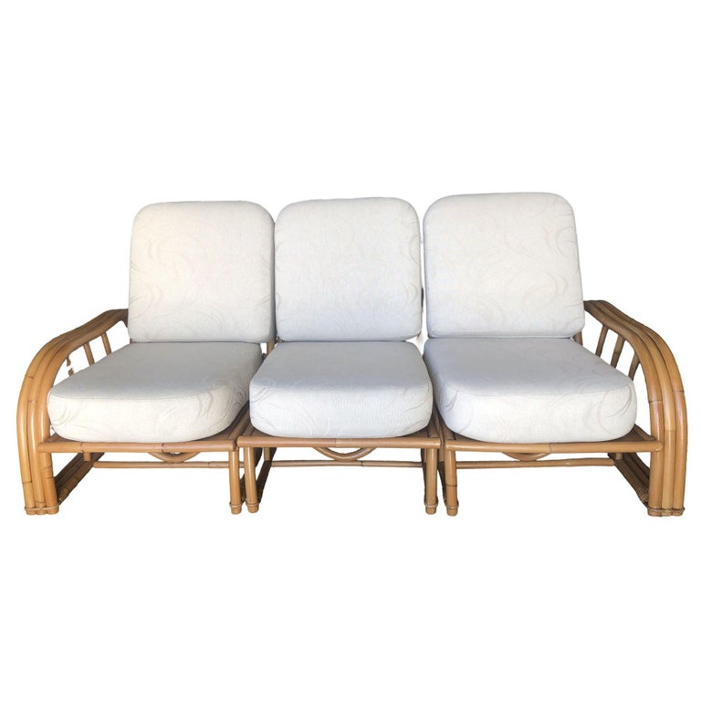 Restored 3-Strand 3 Seat Rattan Sectional Sofa by Paul Laszlo for Ficks Reed