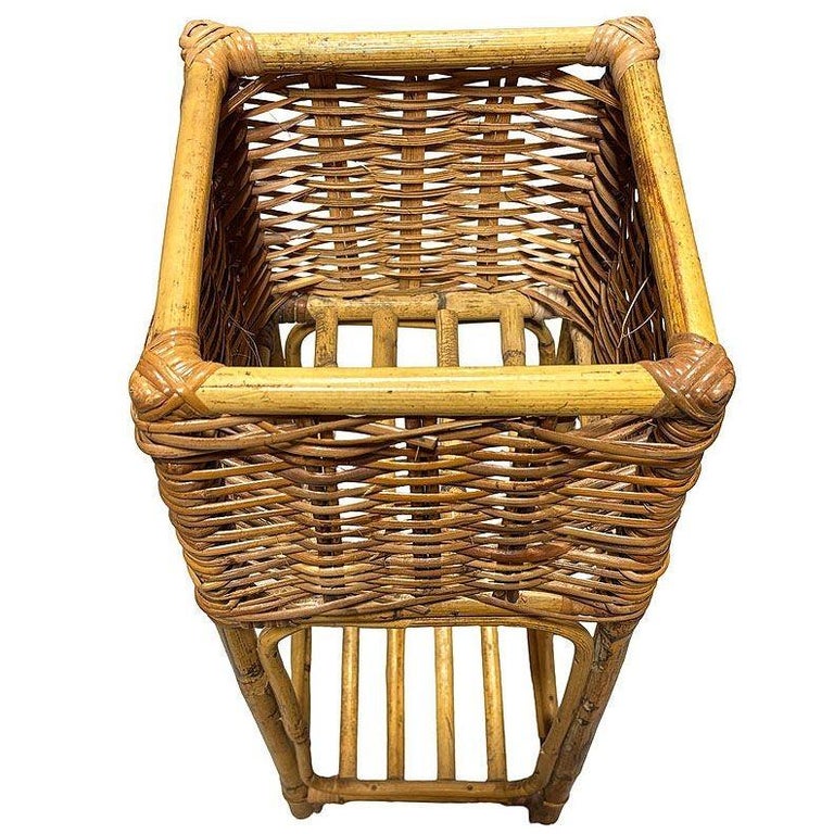 Mid Century Cubed Woven Rattan Pedestal Plant Stand