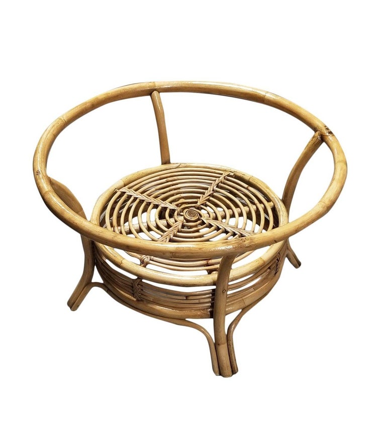 Restored Round Two-Tier Rattan Spiral Coffee Table w/ Glass Top
