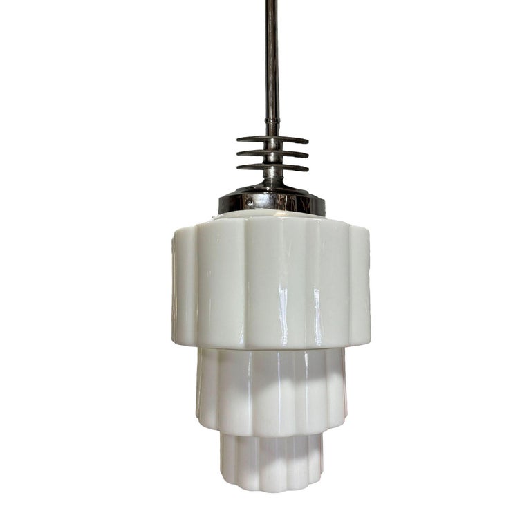 Art Deco Chrome Streamline Pendant Light w/ Stepped Milk Glass Skyscraper Shade