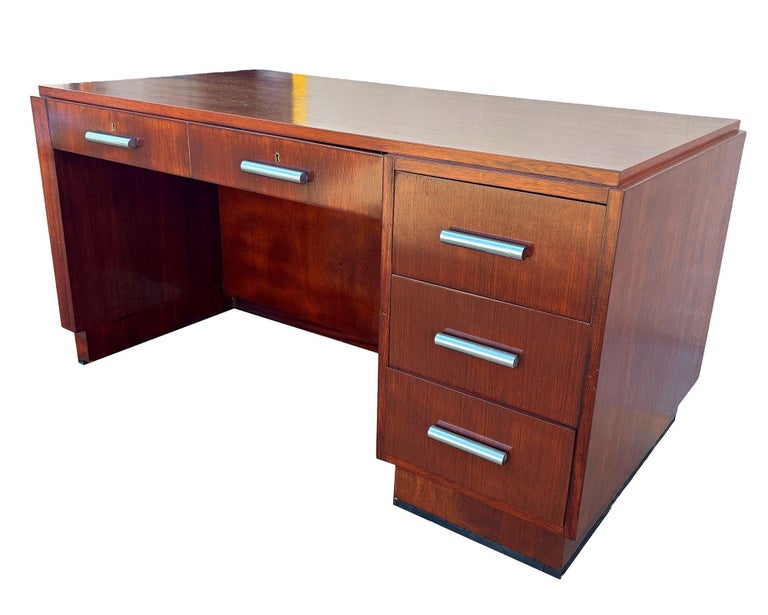1930s Restored French Art Deco Mahogany and Chrome Executive Desk w/ Bookshelves