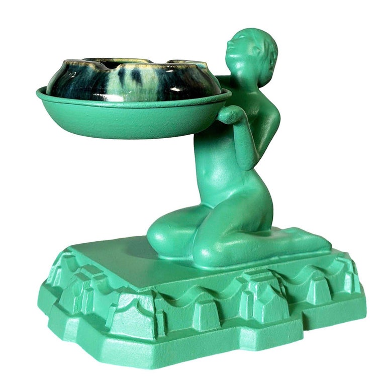 1920s Green Enamel Nuart Nude Female Ashtray With McCoy Ashtray