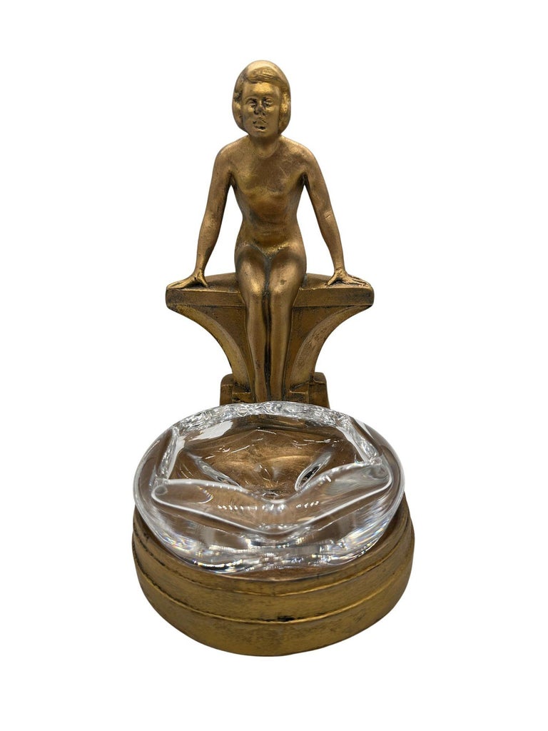 Art Deco Nude Woman Seated at Pool Bronze & Crystal Sculpter Ashtray by Nuart