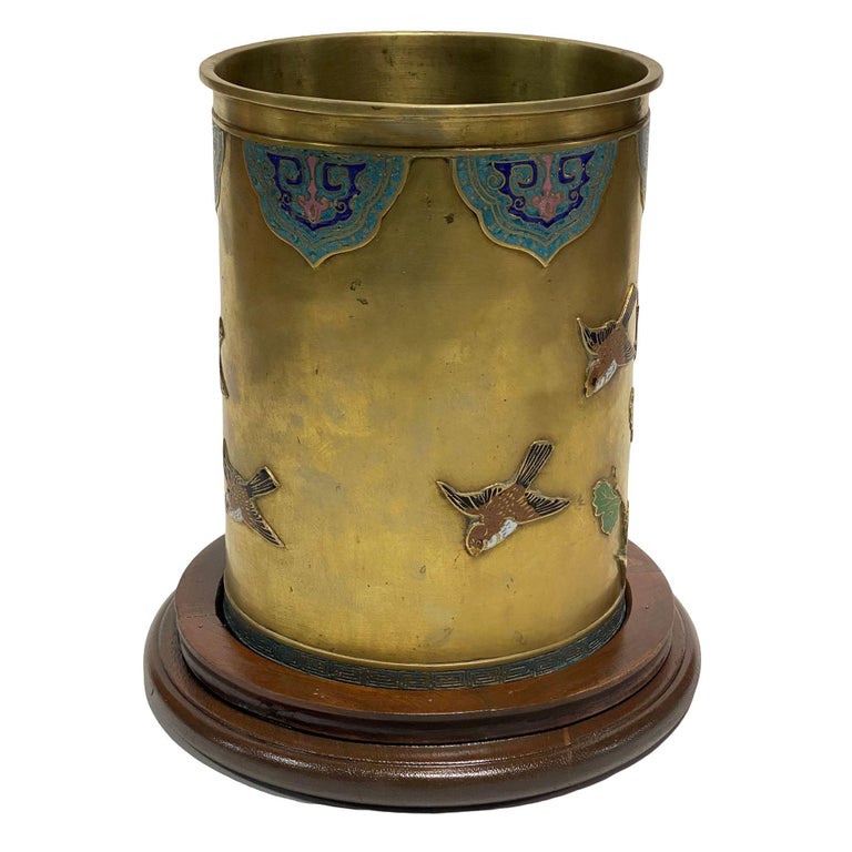 Chinese Floral Bronze Cloisonne Enamel Cylinder Vase w/ Wood Base