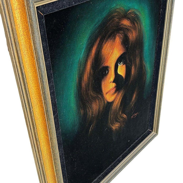 Framed Mid-century Hand Painted Oil on Velvet Female Portrait, Signed Cohen