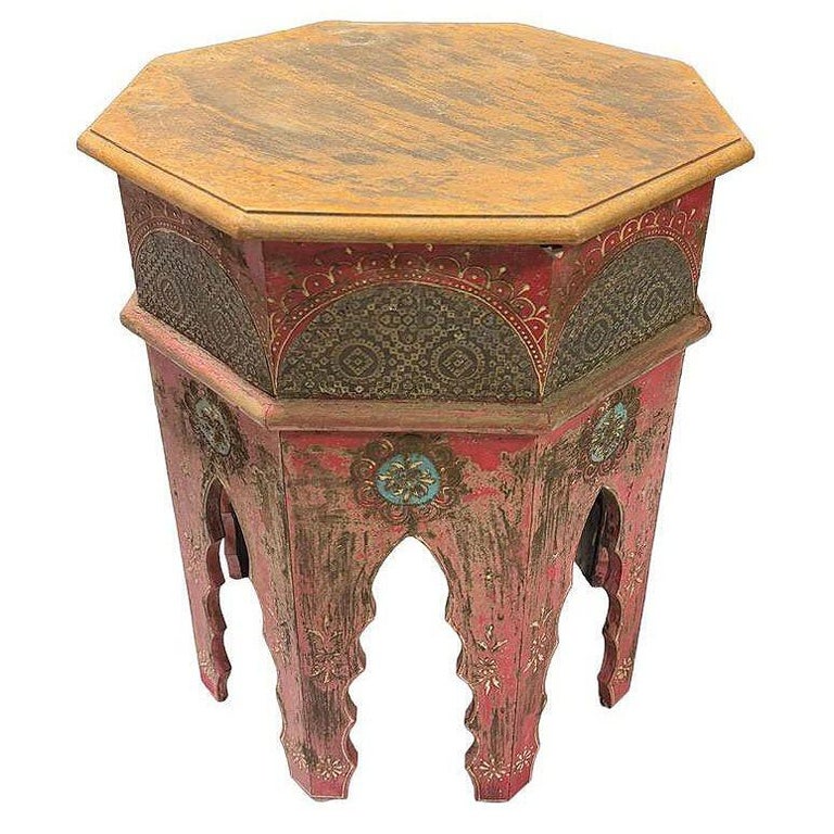 Hand Painted Moroccan Hexagon Wooden Boho Side Table w/ Brass Inlays