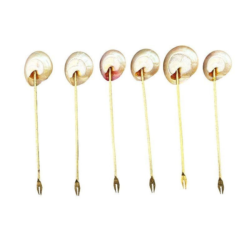Set of Six Vintage Mother of Pearl Shell and Gold Appetizer Fondue Forks