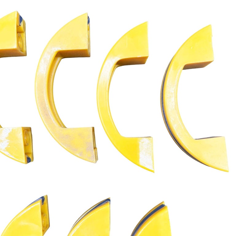 Unused Yellow Art Deco Bakelite Door/Drawer Pulls w/ Chrome Strip, Set of 21