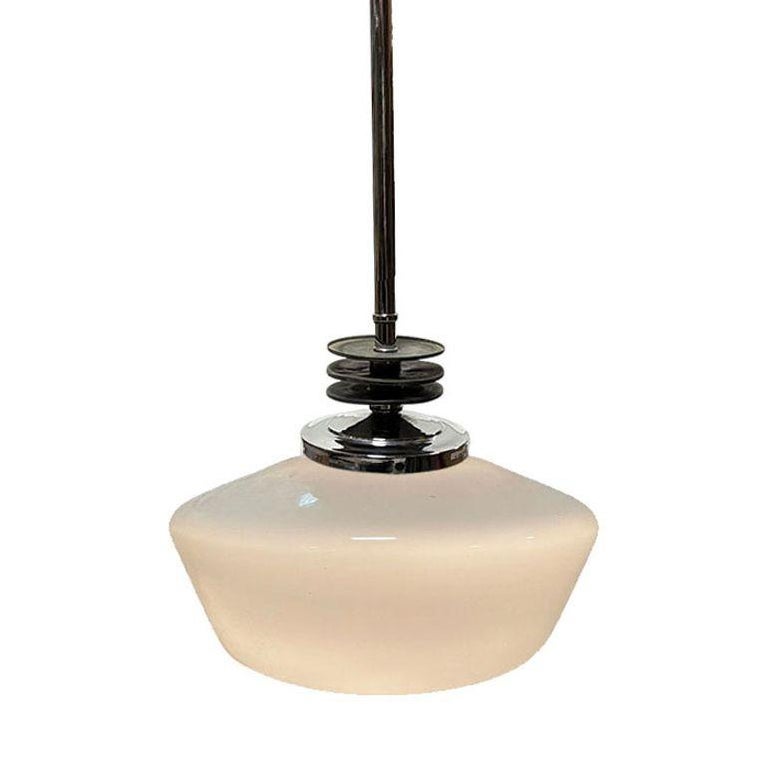 Art Deco Chrome Streamline Pendant Light w/ Opal Schoolhouse Globe