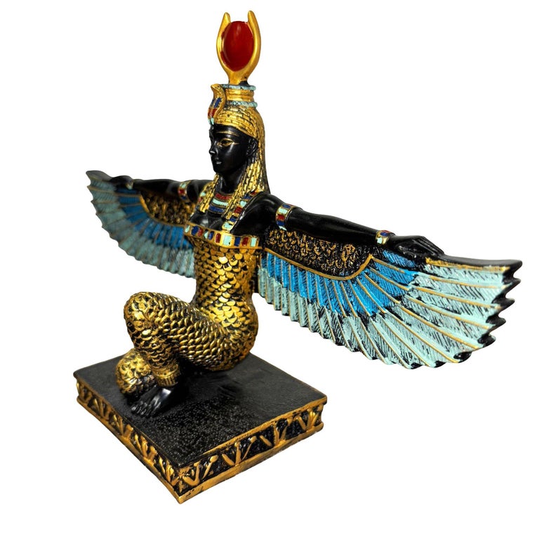 Hand Painted Resin Egyptian Goddess Tabletop Sculpture of Winged Deity Isis