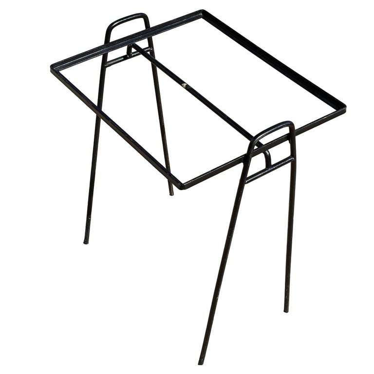 Mid-century Geometric Black Iron Patio/Outdoor Side Drinks Table w/ Glass Top