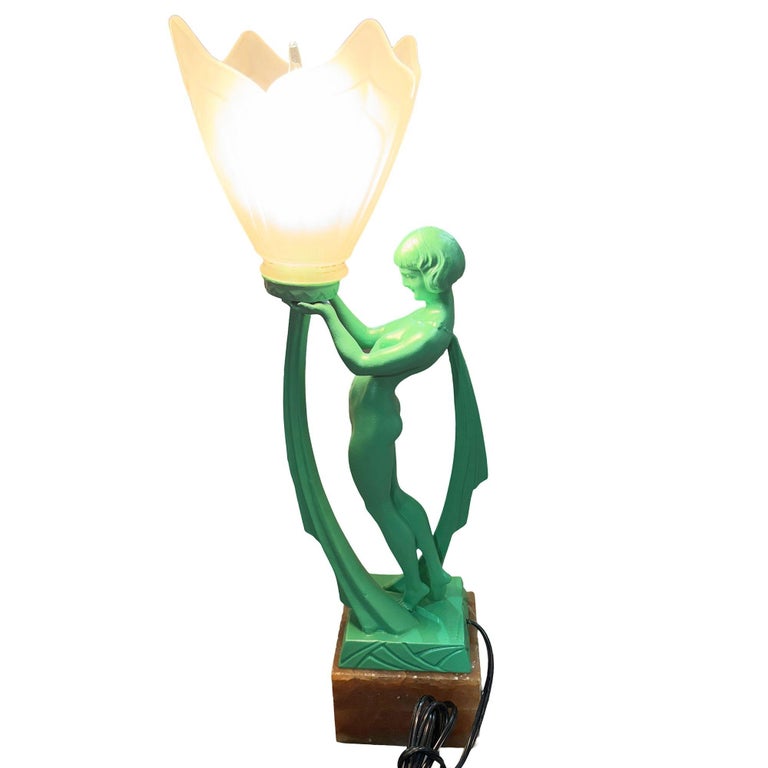 French Green Spleter Metal Art Deco Style Biba Lamp on Marble by Jacques Limousi