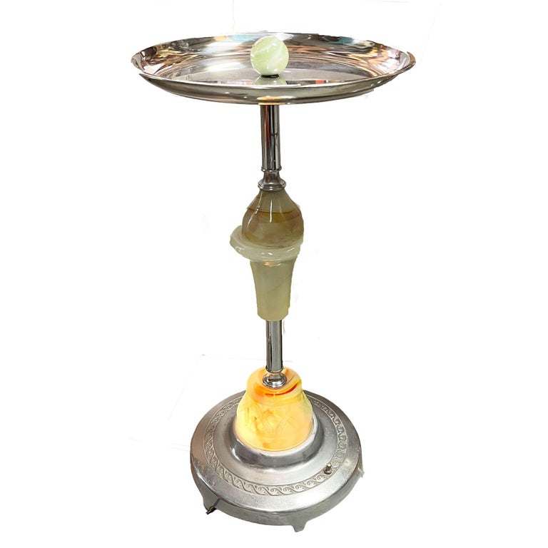 Streamline Art Deco Chrome Drink Glass Top Side Table w/ Light Up Base