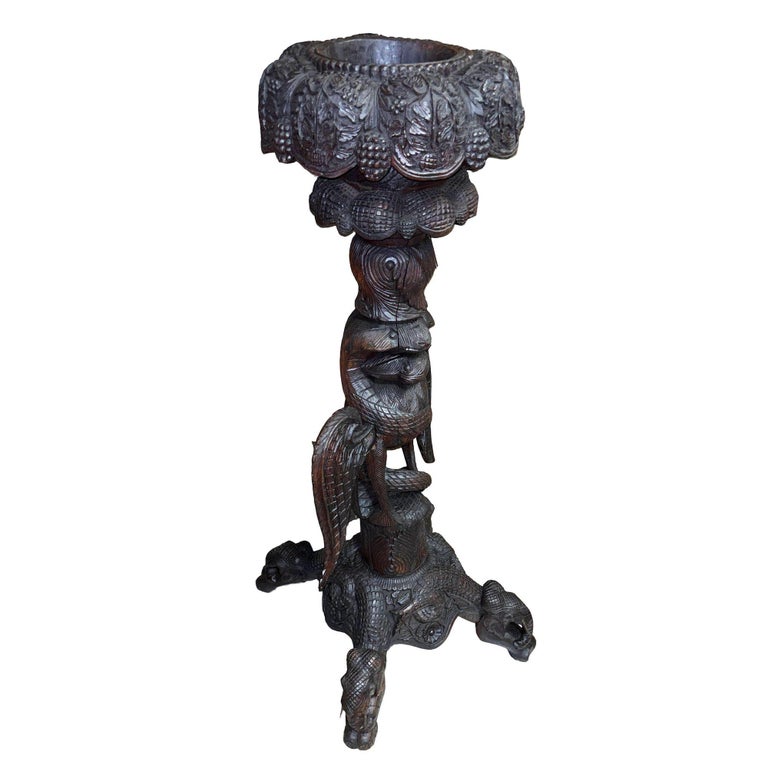 19th Century Anglo Indian Carved Bird & Serpent Wooden Blackwood Plant Stand