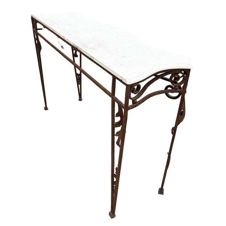 20th Century Neo-Gothic Bronze Colored Cast Iron Console w/ Carrara Marble Top
