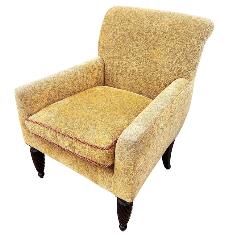 1990 Post Modern Saddle Bag Armchair Lounge w/ Yellow Foliage Pattern Upholstery