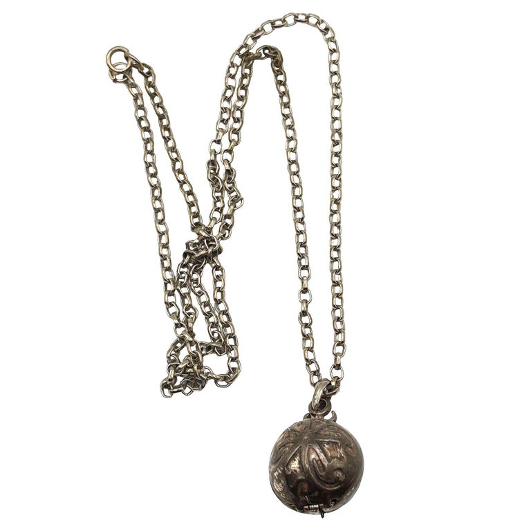 20th Century Sterling Silver Orb Ball Pomander Locket Pendant on Chain