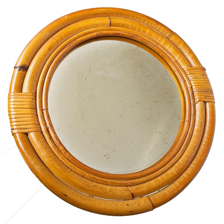 Restored Mid-century 12" Four-Strand Tropical Rattan & Wicker Round Wall Mirror