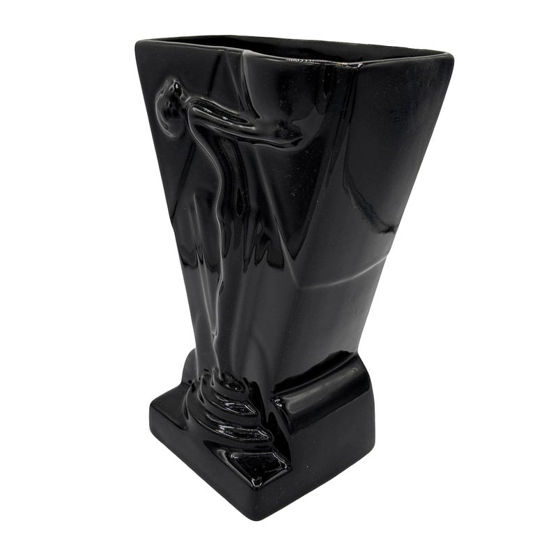 1985 Art Deco Black Pottery Vase Nude Figurine Sculpture Vase by Pelzman Design