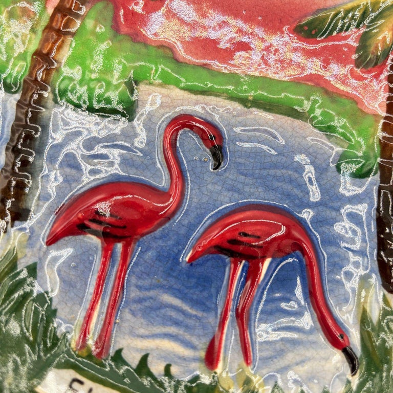 Mid-century Pottery Florida Beach Pink Flamingo Round Decrotive Wall Plate