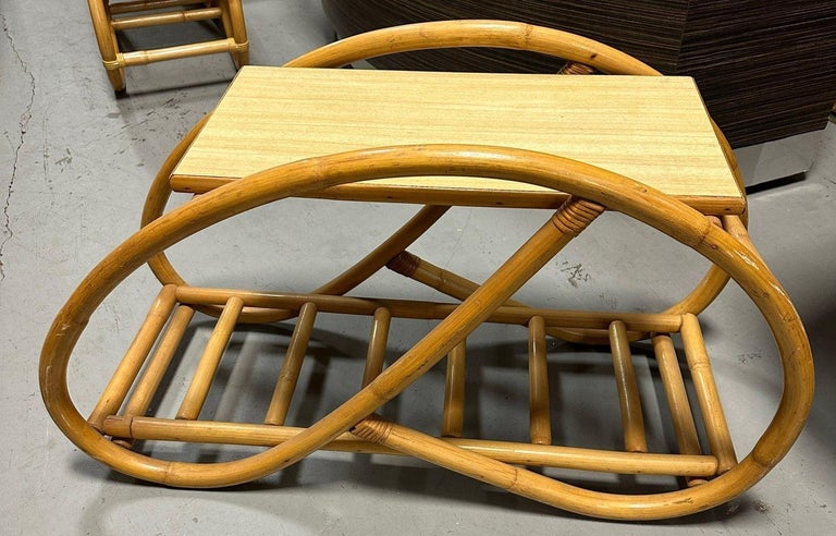 Restored 3/4 Pretzel "Grasshopper" Rattan Side Table w/ Formica Tops Set of 2