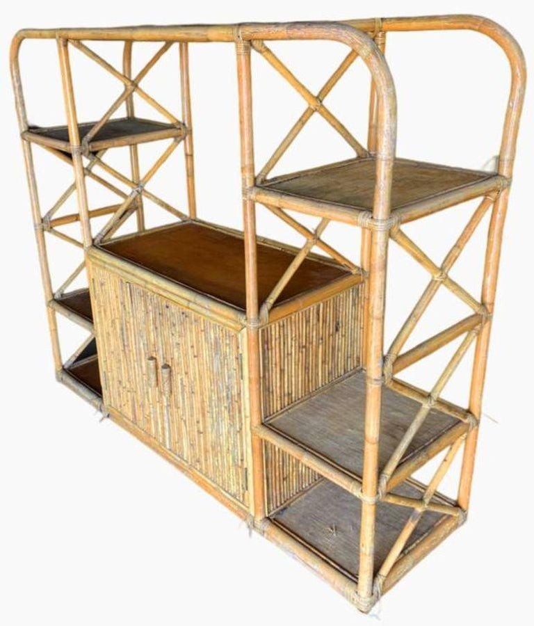 Restored Rattan Seven-Tier Display Shelf Wall Etagere Unit w/ Cabinet
