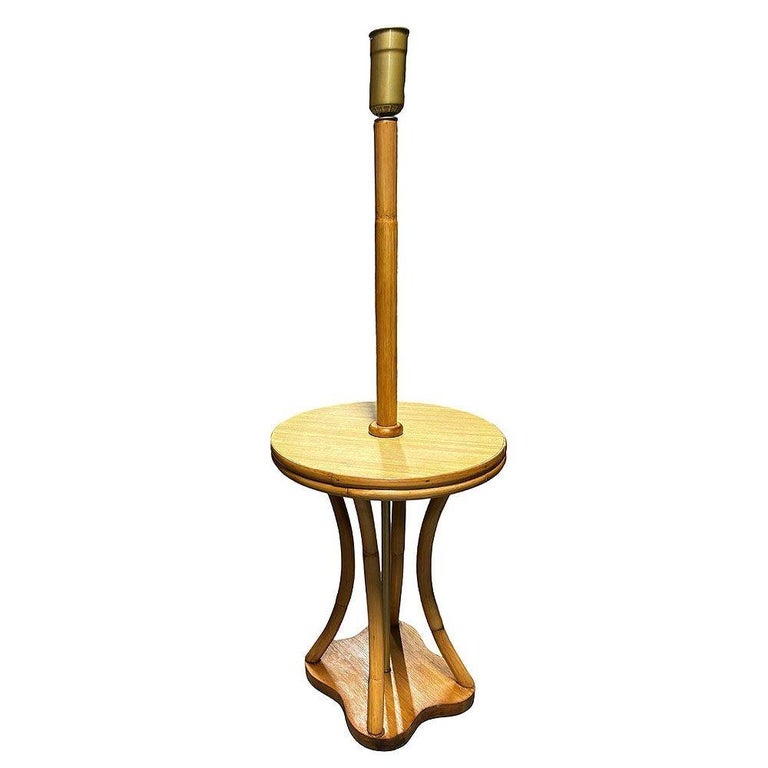 Restored Rattan & Mahogany Hourglass Side Table Torchiere Floor Lamp