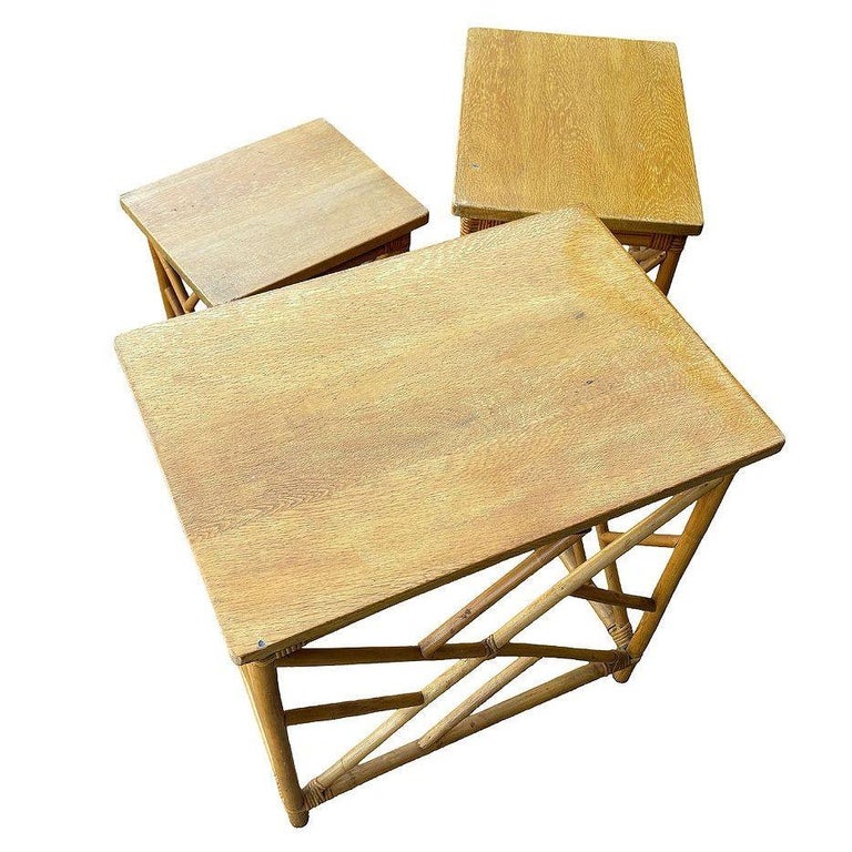 Restored Mid-Century Set of 3 Rattan Nesting Side Tables w/ Mahogany Top