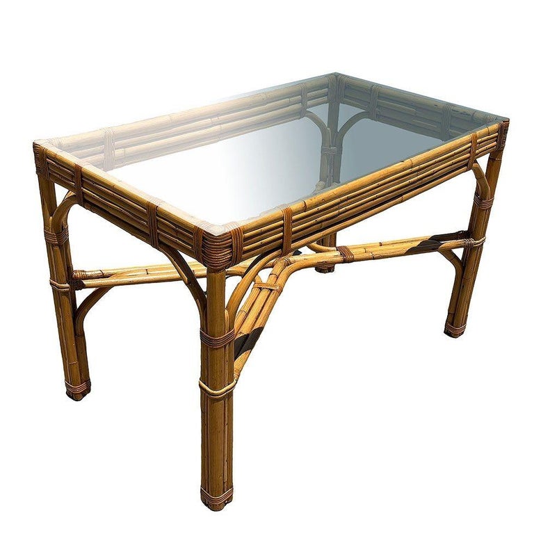 Restored Glass Top "X" base 3-strand Rattan Dining Table