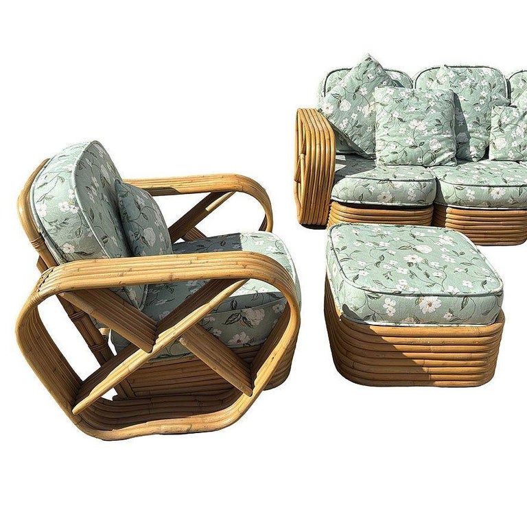 Rattan Mid-century Six-Strand Square Pretzel Sofa & Lounge Chair Livingroom Set
