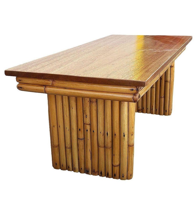 Restored Large 40" Rattan & Mahogany Coffee Table w/ Vertically Stacked Legs